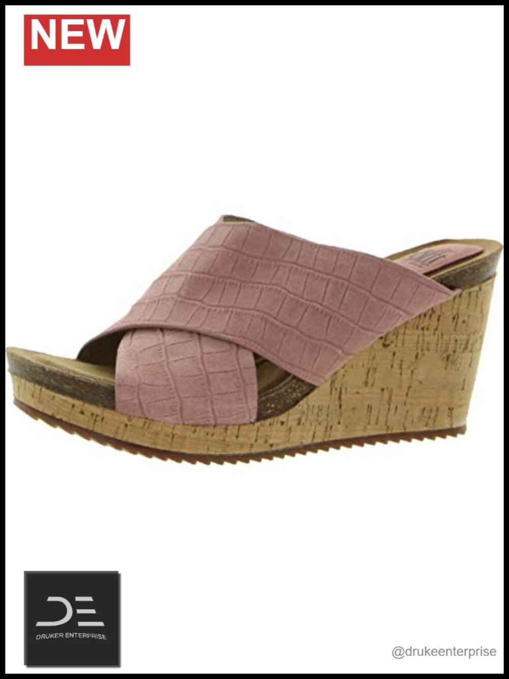 Croco Embossed Italian Suede Wedge Sandals Cork Footbed